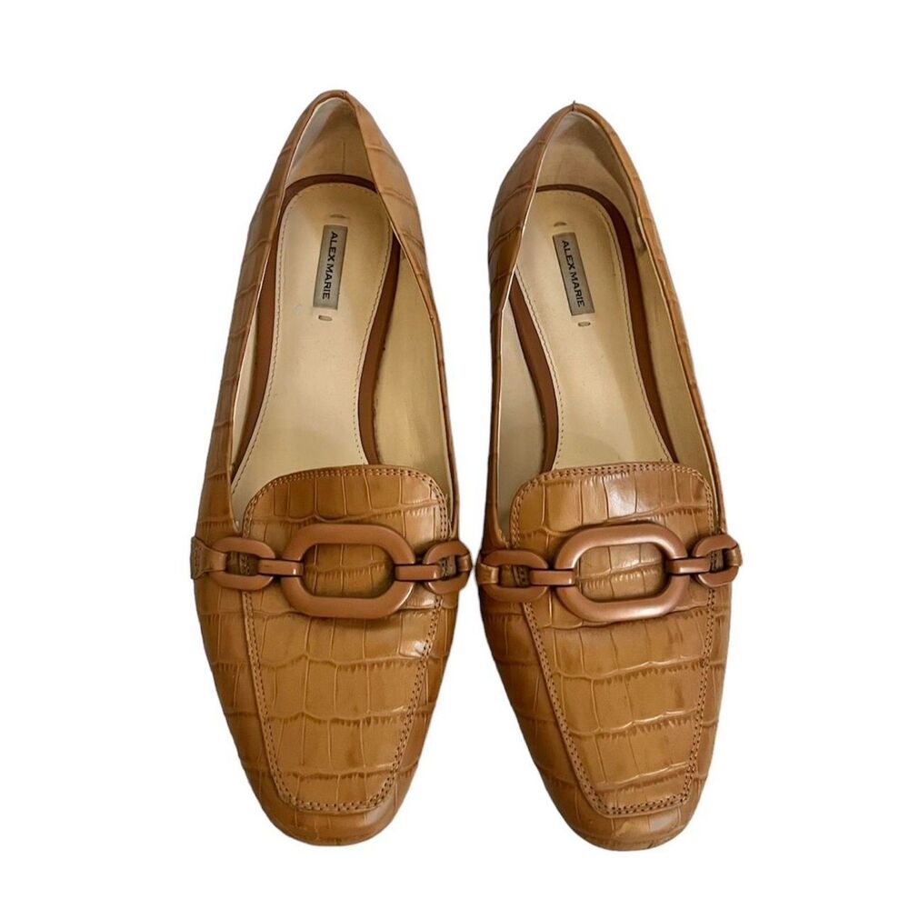 Tan/ Brown croc-embossed leather loafers with chain across front | Alex Marie |